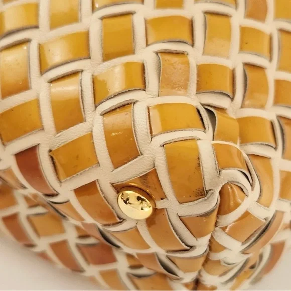 Bally Hand Bag Top Handle Braided Leather Purse Turn Lock Cream and Yellow - Picture 6 of 14